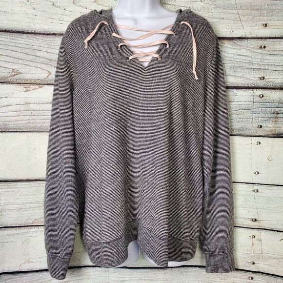 Maurices Women’s Lace-Up Hoodie Sweater Gray Striped Long Sleeve Size 0x - Picture 1 of 12